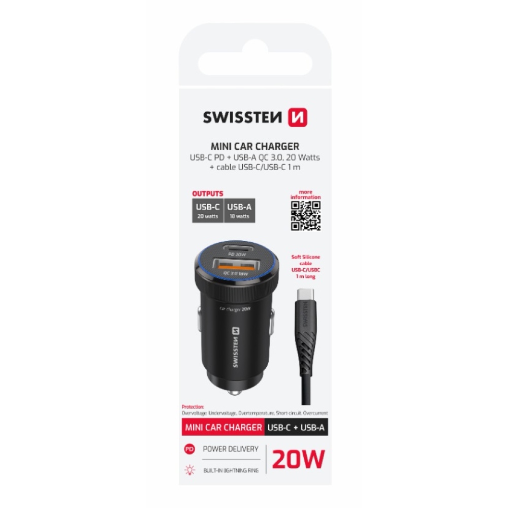 Swissten CL adaptér USB-C PD + USB-A, 20W - čierny + kábel USB-C / USB-C, 1m