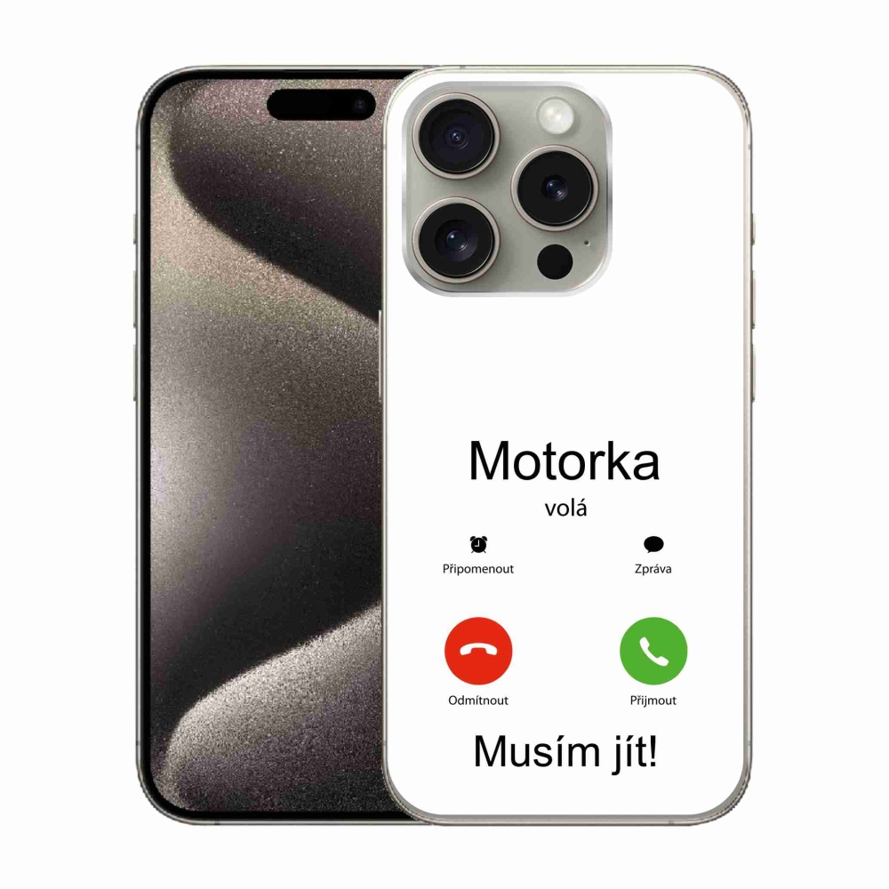 Gélový kryt mmCase na iPhone 15 Pro - motorka volá biele pozadie