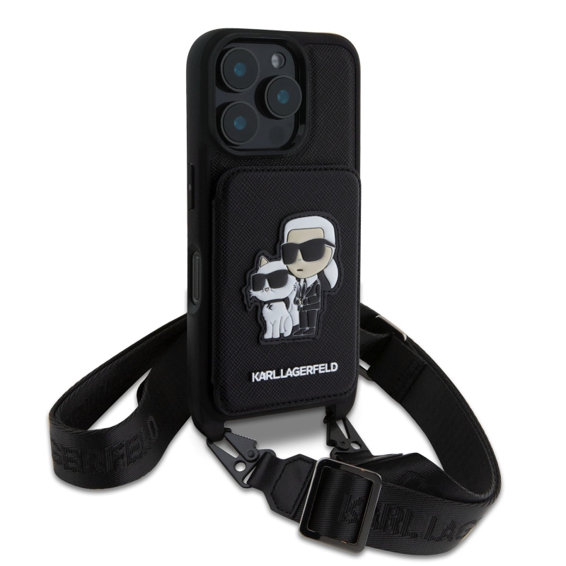 Karl Lagerfeld Saffiano Crossbody Popruh Karl and Choupette Kryt pre iPhone 16 Pro Max Black