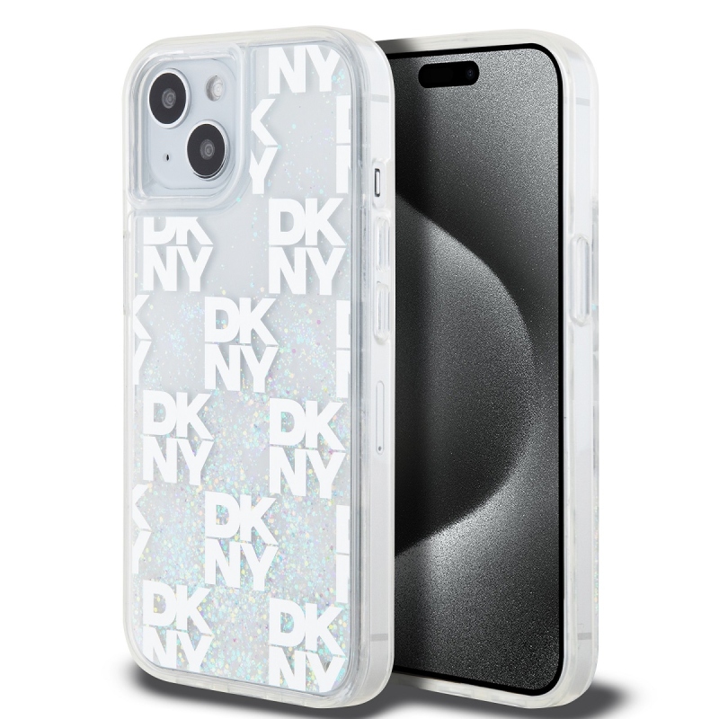 DKNY Liquid Glitter Checkered Pattern Zadný Kryt pre iPhone 15 Transparent