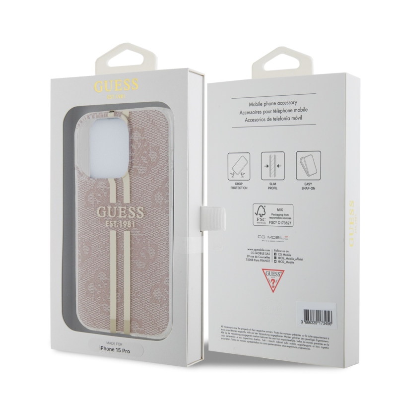 Guess IML 4G Gold Stripe Zadný Kryt pre iPhone 15 Pro Pink