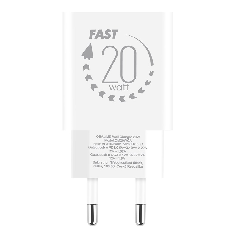 OBAL:ME Cestovná Nabíjačka USB-A + USB-C 20W + 2x kábel 1m White
