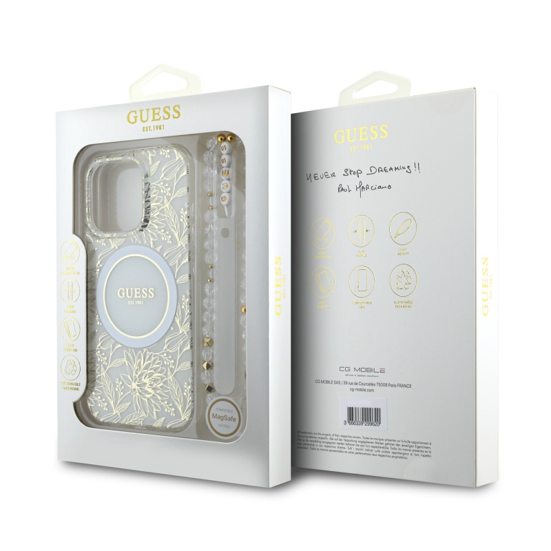Guess IML Flowers Allover Strap MagSafe Zadný Kryt pre iPhone 16 Pro Max White
