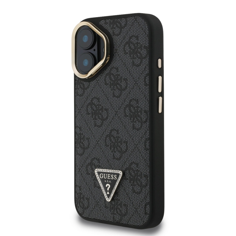Guess PU 4G Strass Triangle Logo Stand Camera Frame MagSafe Zadný Kryt pre iPhone 16 Black