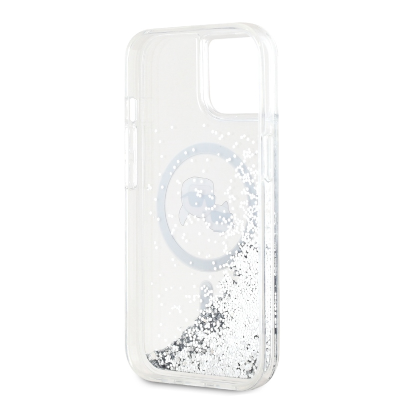 Karl Lagerfeld Liquid Glitter Karl a Choupette Heads MagSafe Zadný Kryt pre iPhone 15 Transparent