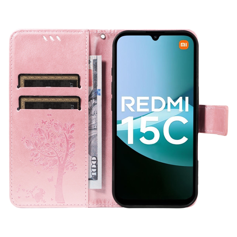 Trees knižkové púzdro na Xiaomi Redmi 15C 4G/5G (173mm) - ružovozlaté