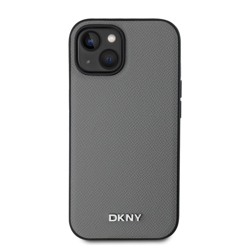 DKNY PU Leather Silver Metal Logo Magsafe Zadný Kryt pre iPhone 14 Grey