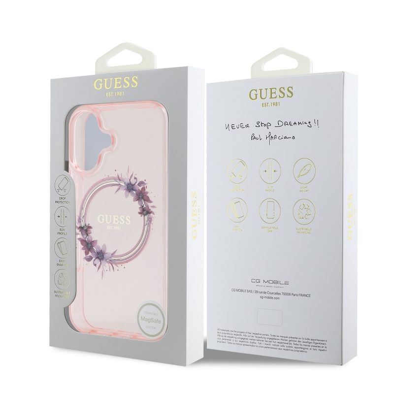 Guess IML Flowers Ring MagSafe Zadný Kryt pre iPhone 16 Pink