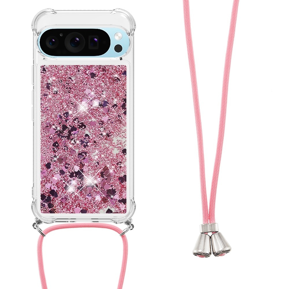 Glitters presýpací gélový obal so šnúrkou na Google Pixel 10 Pro/Pixel 10 - ružovozlatý/srdiečka