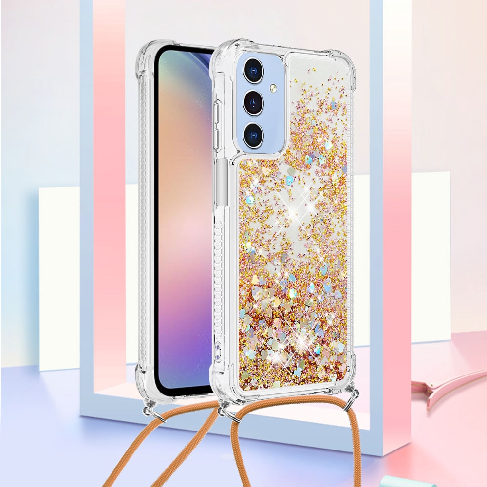 Glitters presýpací gélový obal so šnúrkou na Samsung Galaxy A17 5G - zlatý/srdiečka