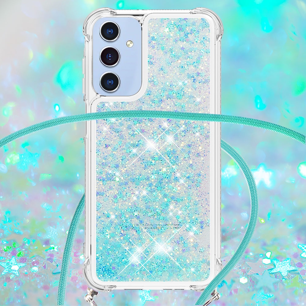 Glitters presýpacie gélový obal so šnúrkou na Samsung Galaxy A17 5G - modrý/hviezdičky