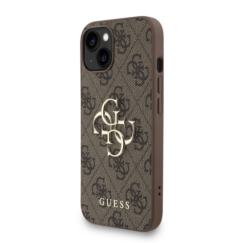 Guess PU 4G Metal Logo Strap Zadný Kryt pre iPhone 15 Brown