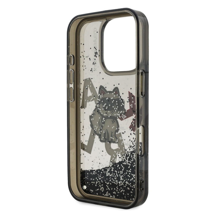 Karl Lagerfeld Liquid Glitter Scattered Choupette Zadní Kryt pro iPhone 16 Pro Max Black