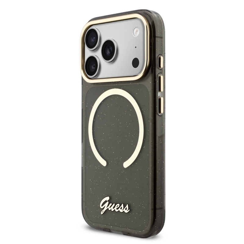 Guess IML Glitter Script Strap MagSafe zadný kryt pre iPhone 17 Pro Black