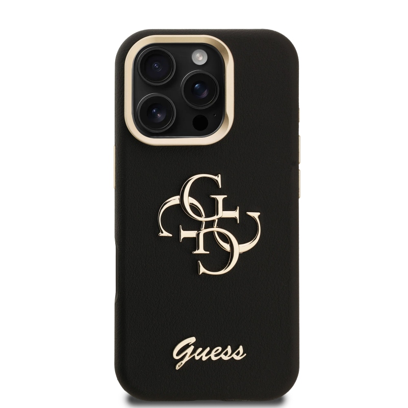 Guess PU Grained 4G Logo Stand Camera Frame Zadný Kryt pre iPhone 16 Pro Max Black
