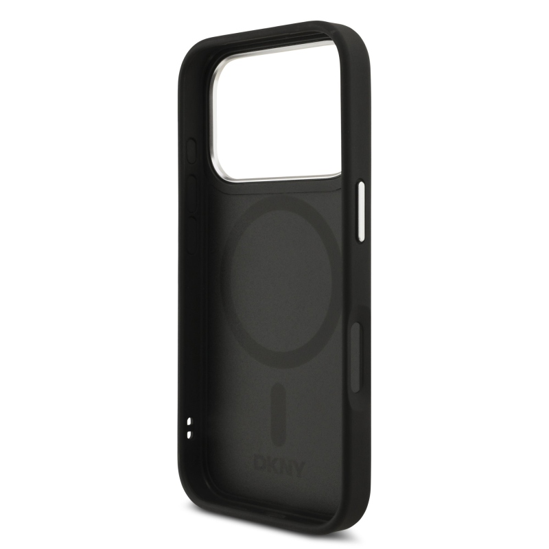 DKNY PU kožený kovový kryt s logom na zápästie MagSafe Back Cover pre iPhone 17 Pro Black