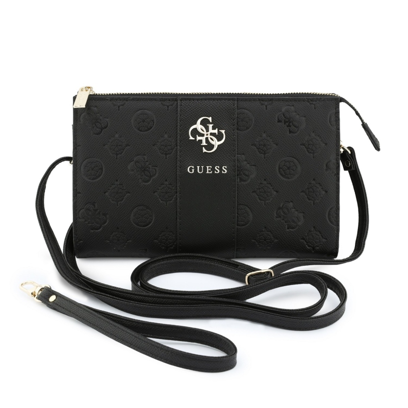 Guess PU 4G Peony Stripe Metal Logo Kabelka na telefón, čierna