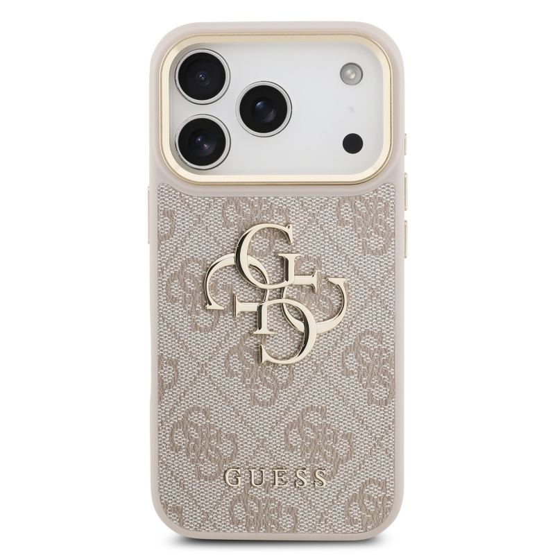 Guess PU kožený 4G kovové logo Gold Frame zadný kryt pre iPhone 17 Pro Pink