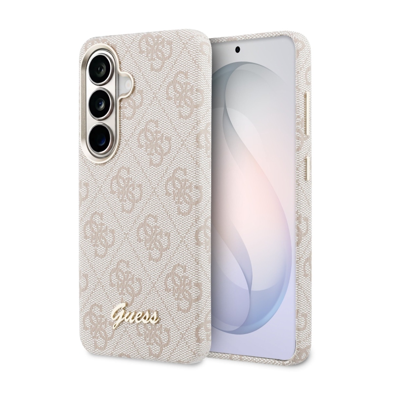 Guess PU 4G Script Metal Logo Magnetický zadný kryt pre Samsung Galaxy S26 ružový