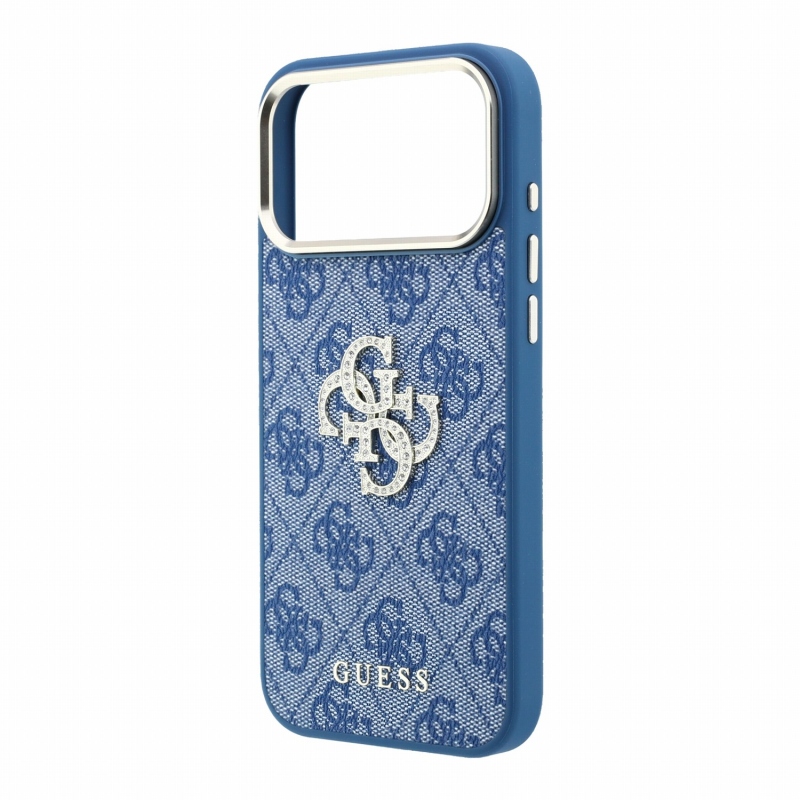 Guess PU 4G Strass Metal Logo Zadný kryt pre iPhone 18 Pro, modrý