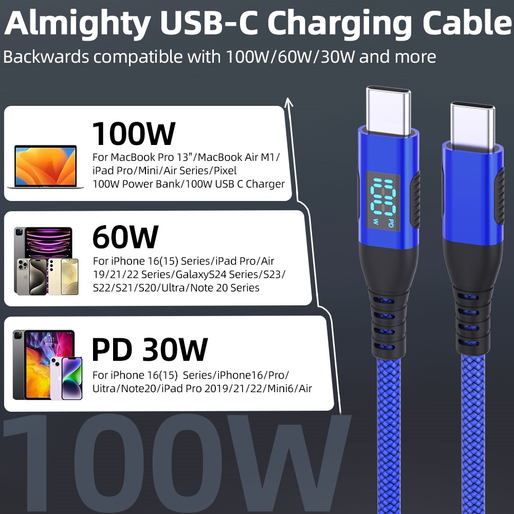 Nylonový kábel USB-C / USB-C s displejom 1m 100W - modrý