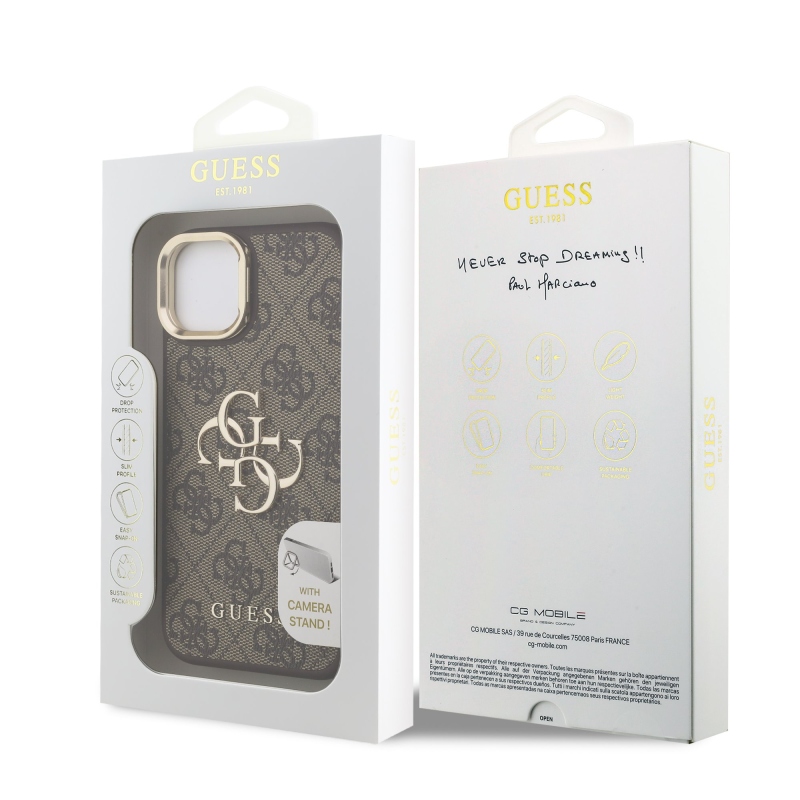 Guess PU 4G Metal Logo Stand Camera Frame Zadný Kryt pre iPhone 14 Brown