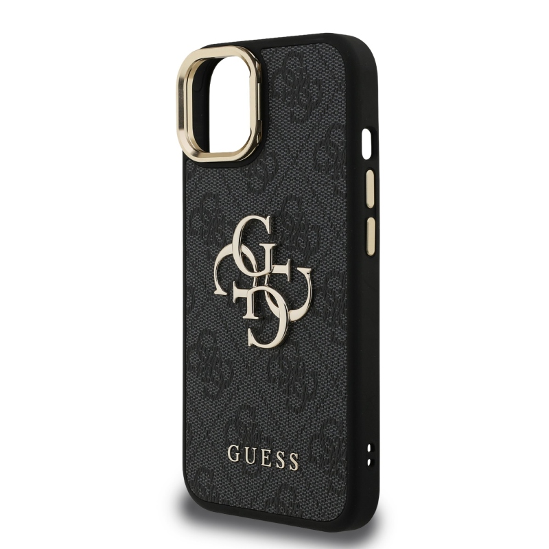 Guess PU 4G Metal Logo Stand Camera Frame Zadný Kryt pre iPhone 14 Black