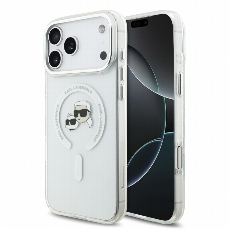 Karl Lagerfeld IML K&CH Heads kovový rám MagSafe zadný kryt pre iPhone 18 Pro Max, biely