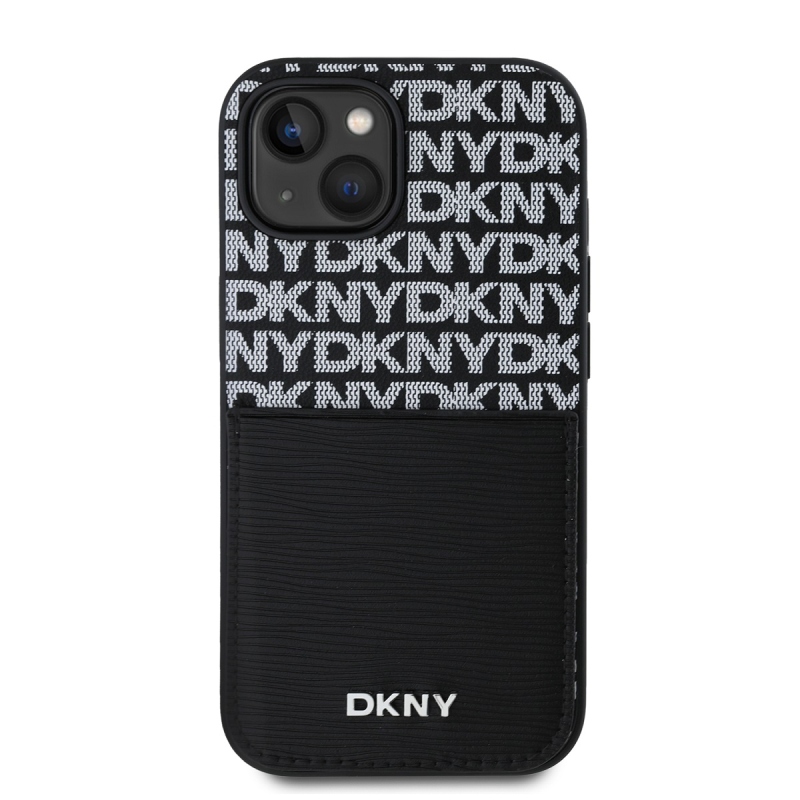 DKNY PU Leather Repeat Pattern Card Pocket Zadný Kryt pre iPhone 14 Black