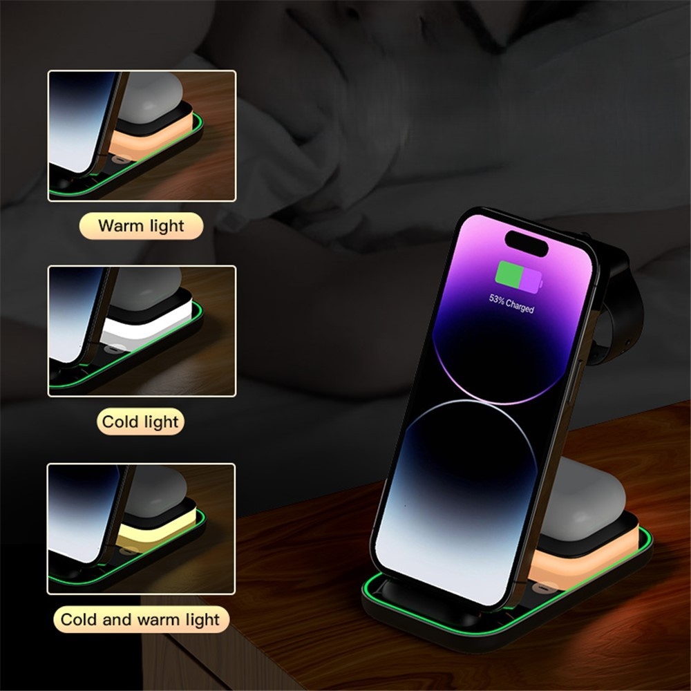 YF-A6 bezdrôtová nabíjacia stanica 3v1 15W s nočným svetlom - čierna