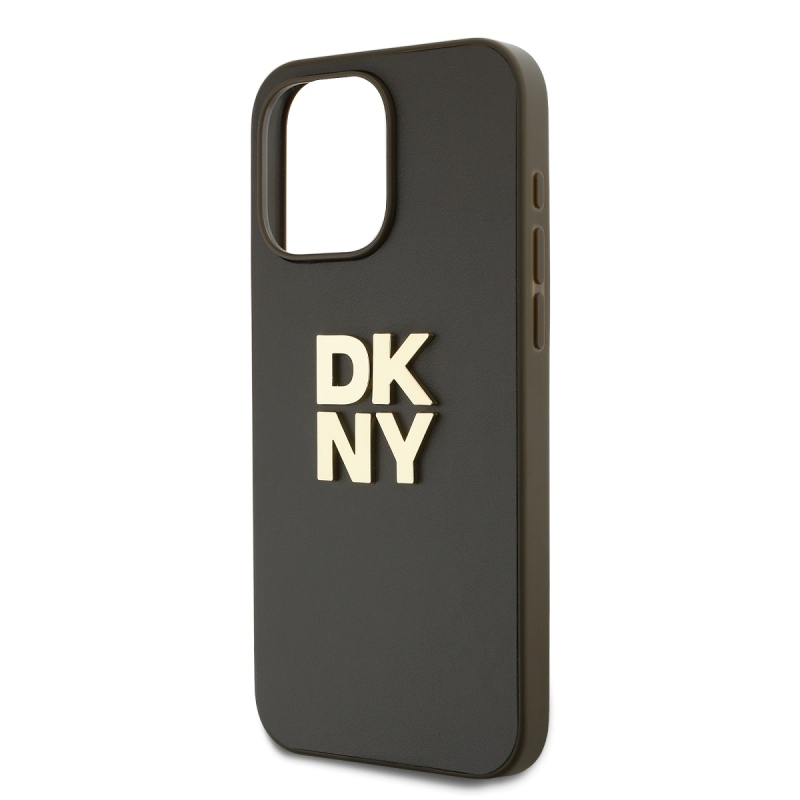 DKNY PU Leather Stack Logo Wrist Strap Zadný Kryt pre iPhone 15 Pro Brown