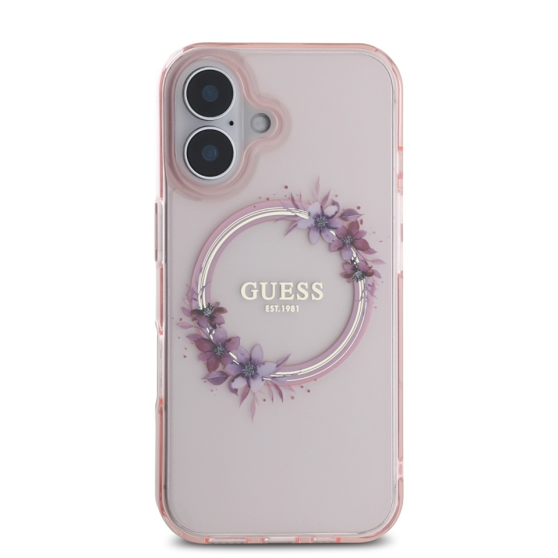 Guess IML Flowers Ring MagSafe Zadný Kryt pre iPhone 16 Pink