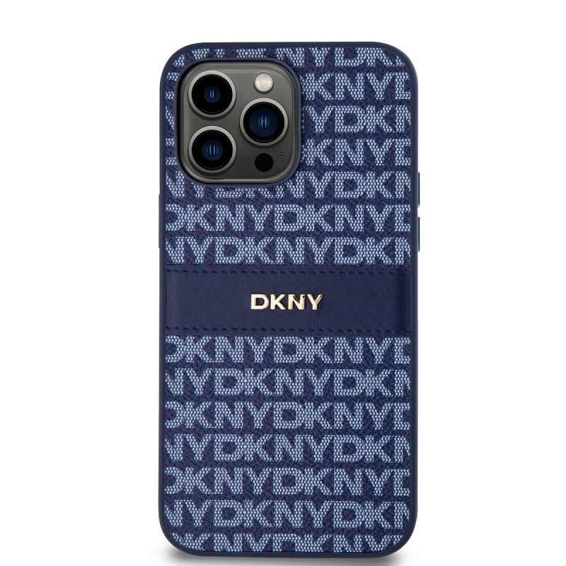 DKNY PU Leather Repeat Pattern Tonal Stripe Zadný Kryt pre iPhone 14 Pro Blue