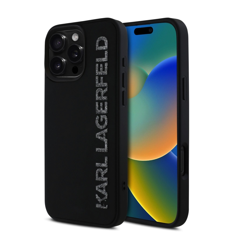 Karl Lagerfeld 3D Rubber Glitter Logo Zadný Kryt pre iPhone 16 Pro Black