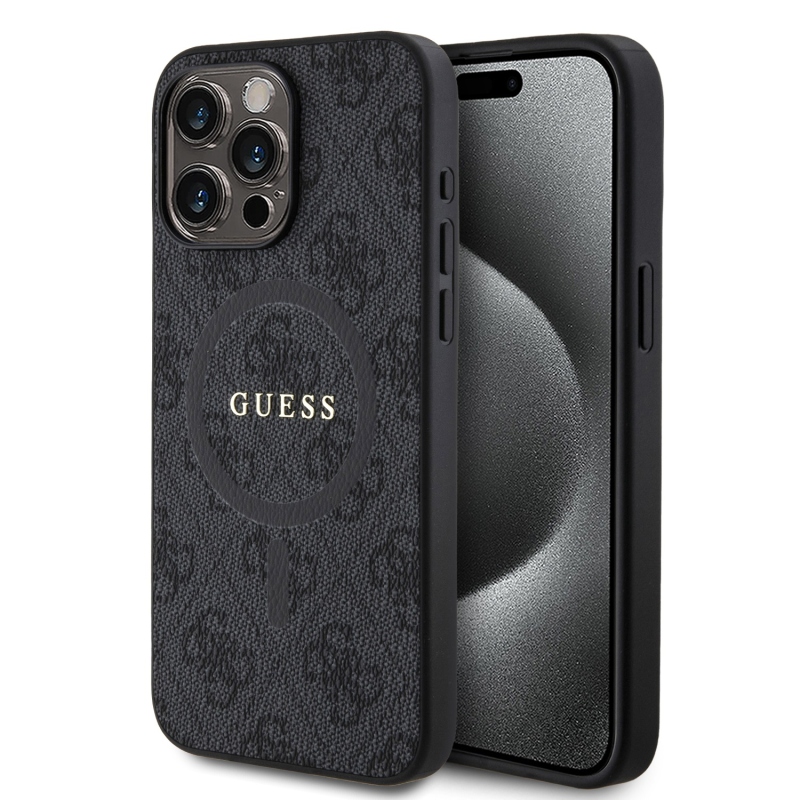 Guess PU Leather 4G Colored Ring MagSafe Zadný Kryt pre iPhone 15 Pro Max Black