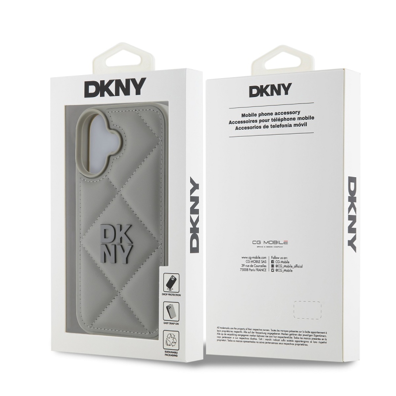 DKNY PU Leather Quilted Stack Logo Zadný Kryt pre iPhone 16 Plus Grey