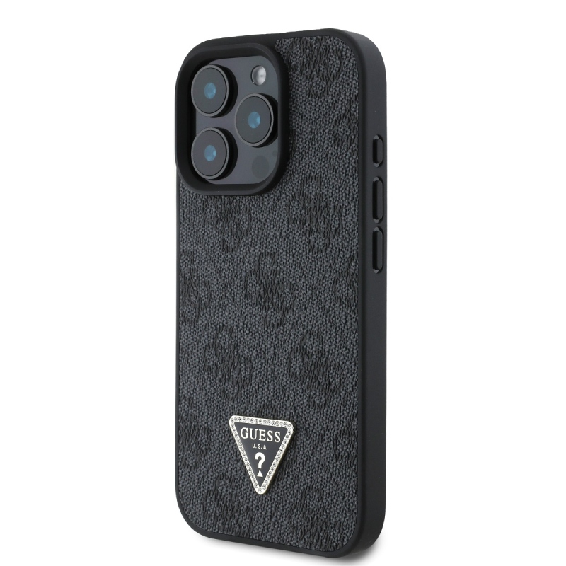 Guess PU 4G Strass Triangle Metal Logo Zadný Kryt pre iPhone 16 Pro Black