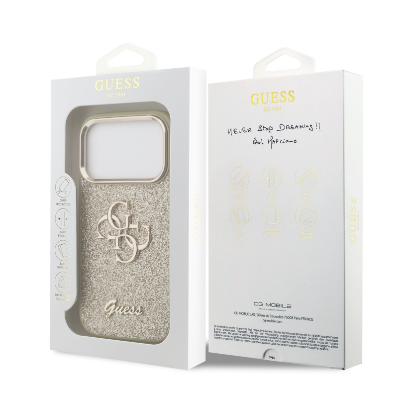 Guess PU Pevný zadný kryt 4G s kovovým rámom pre iPhone 17 Pro Gold