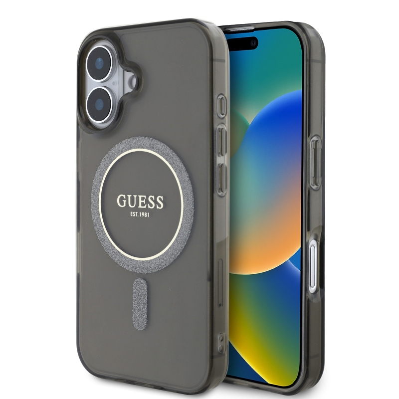 Guess IML Glitter Ring MagSafe Zadný Kryt pre iPhone 16 Black