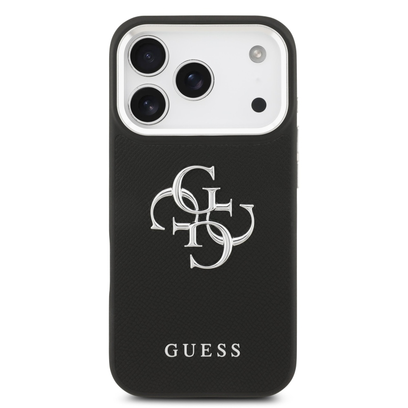 Guess PU zrnitý 4G kovový zadný kryt s logom pre iPhone 17 Pro Black