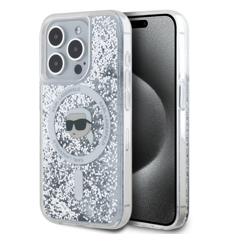 Karl Lagerfeld Liquid Glitter Karl Head MagSafe Zadný Kryt pre iPhone 15 Pro Max Transparent