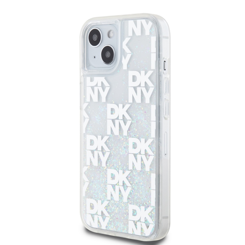 DKNY Liquid Glitter Checkered Pattern Zadný Kryt pre iPhone 15 Transparent