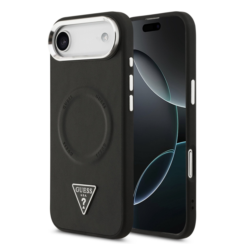 Guess PU kožený zadný kryt MagSafe s trojuholníkovým logom pre iPhone Air Black