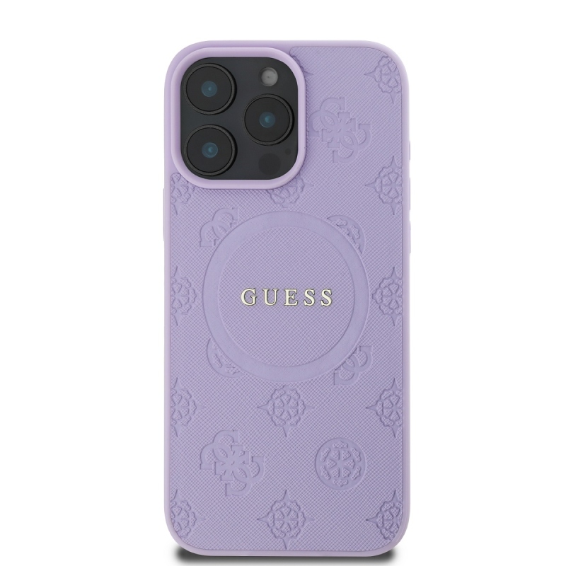 Guess Saffiano Peón Stamp MagSafe Zadný Kryt pre iPhone 16 Pro Purple