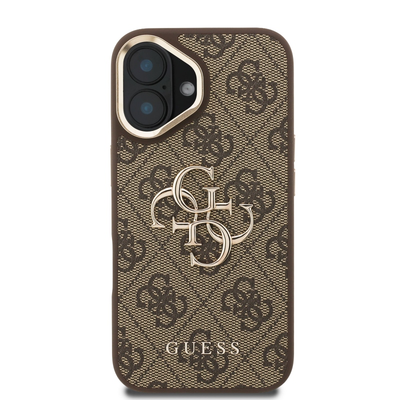 Guess PU 4G Metal Logo Stand Camera Frame Zadný Kryt pre iPhone 16 Brown