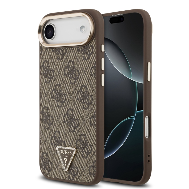 Guess PU kožený 4G štrasové trojuholníkové logo Gold Frame MagSafe zadný kryt pre iPhone Air Brown