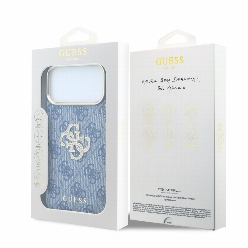 Guess PU 4G Strass Metal Logo Zadný kryt pre iPhone 18 Pro, modrý