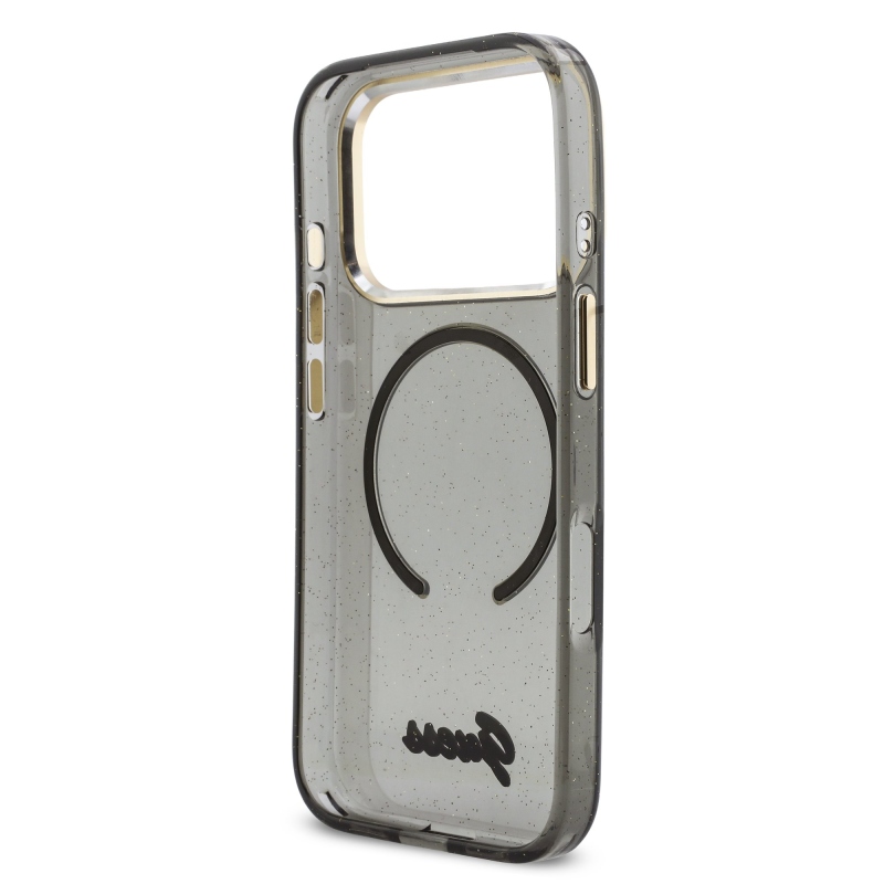 Guess IML Glitter Script Strap MagSafe zadný kryt pre iPhone 17 Pro Black