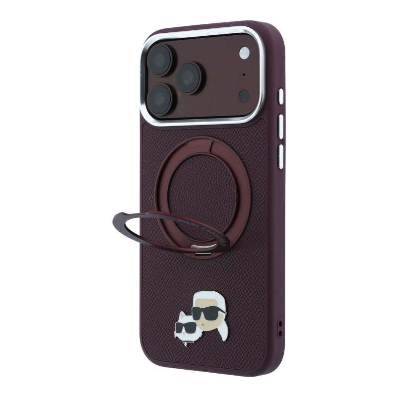 Karl Lagerfeld PU Grained K&CH Heads Ring Stand Magsafe zadný kryt pre iPhone 18 Pro, farba Burgundy