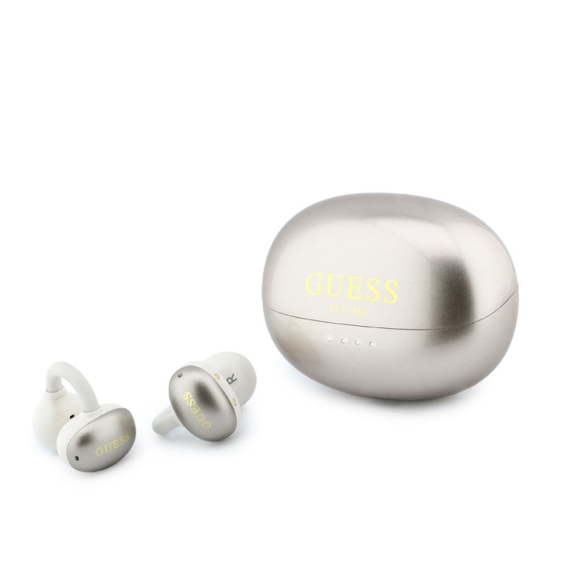 Bezdrôtové slúchadlá Guess s metalickým povrchom, klasickým logom a technológiou OWS, zlaté